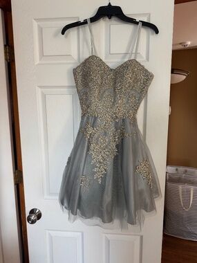 Blondie Nites Silver Gray Metallic Lace Corset Tulle Homecoming Dress Size 7